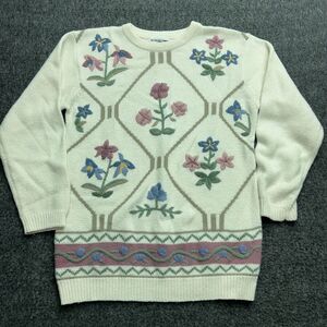 Alfred Dunner Sweater Womens Small Crewel Floral Embroidered Cottage Grandma